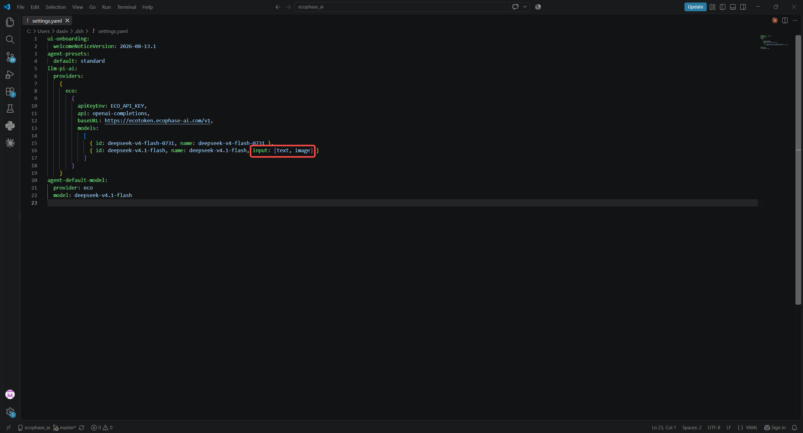 在 DeepSeek Harness settings.yaml 中为模型启用文本和图片输入
