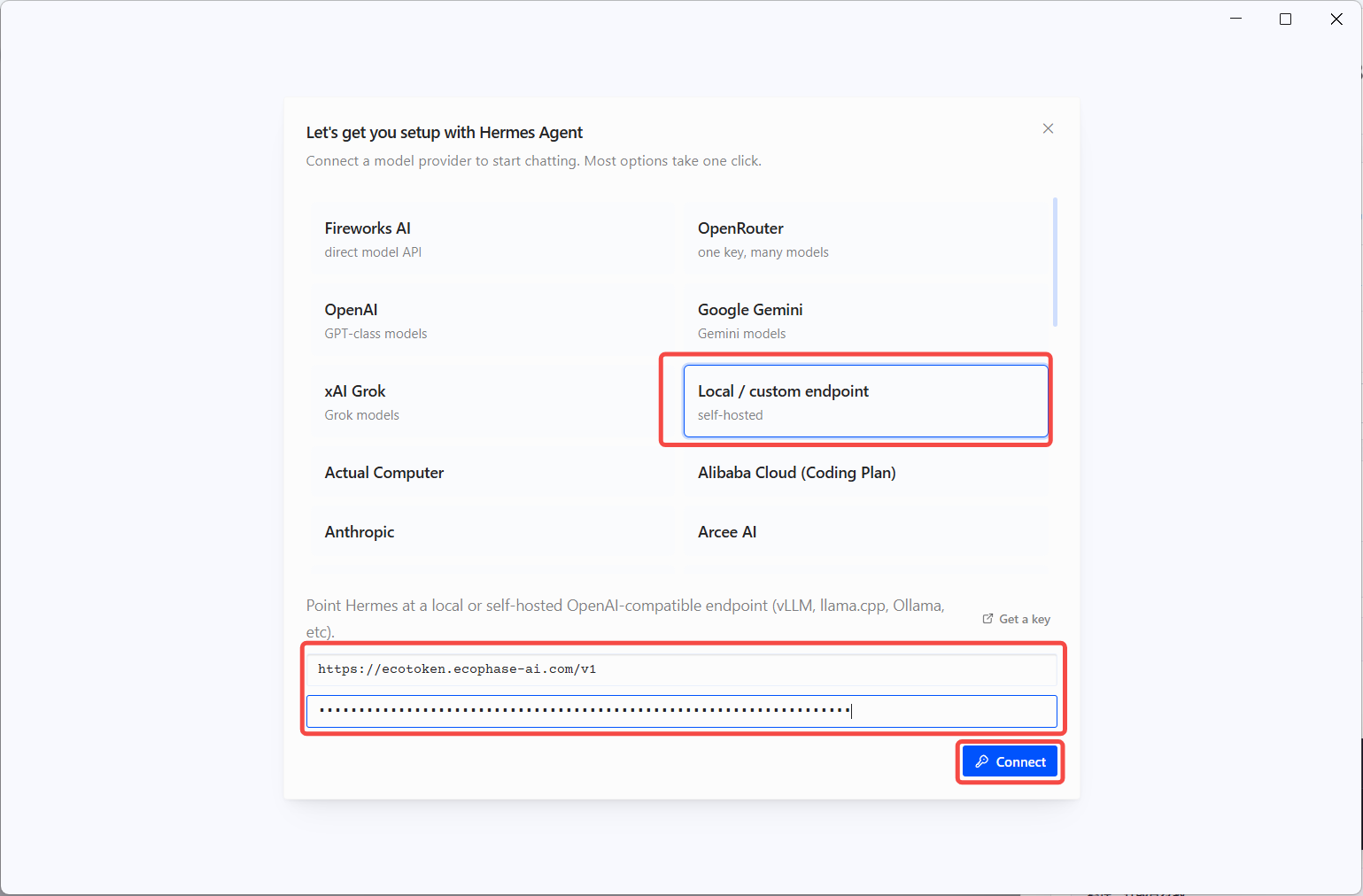 Hermes Desktop 中连接 EcoToken 自定义端点