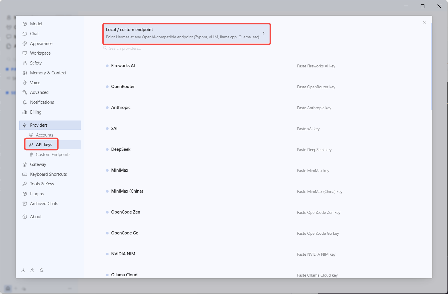Hermes Desktop Providers 的 Local custom endpoint 入口